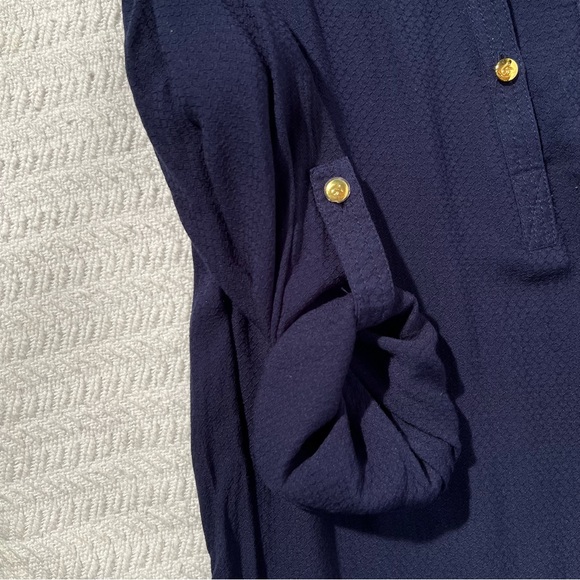 kaari blue / navy blouse with curved bottom and gold buttons size small - Picture 5 of 6